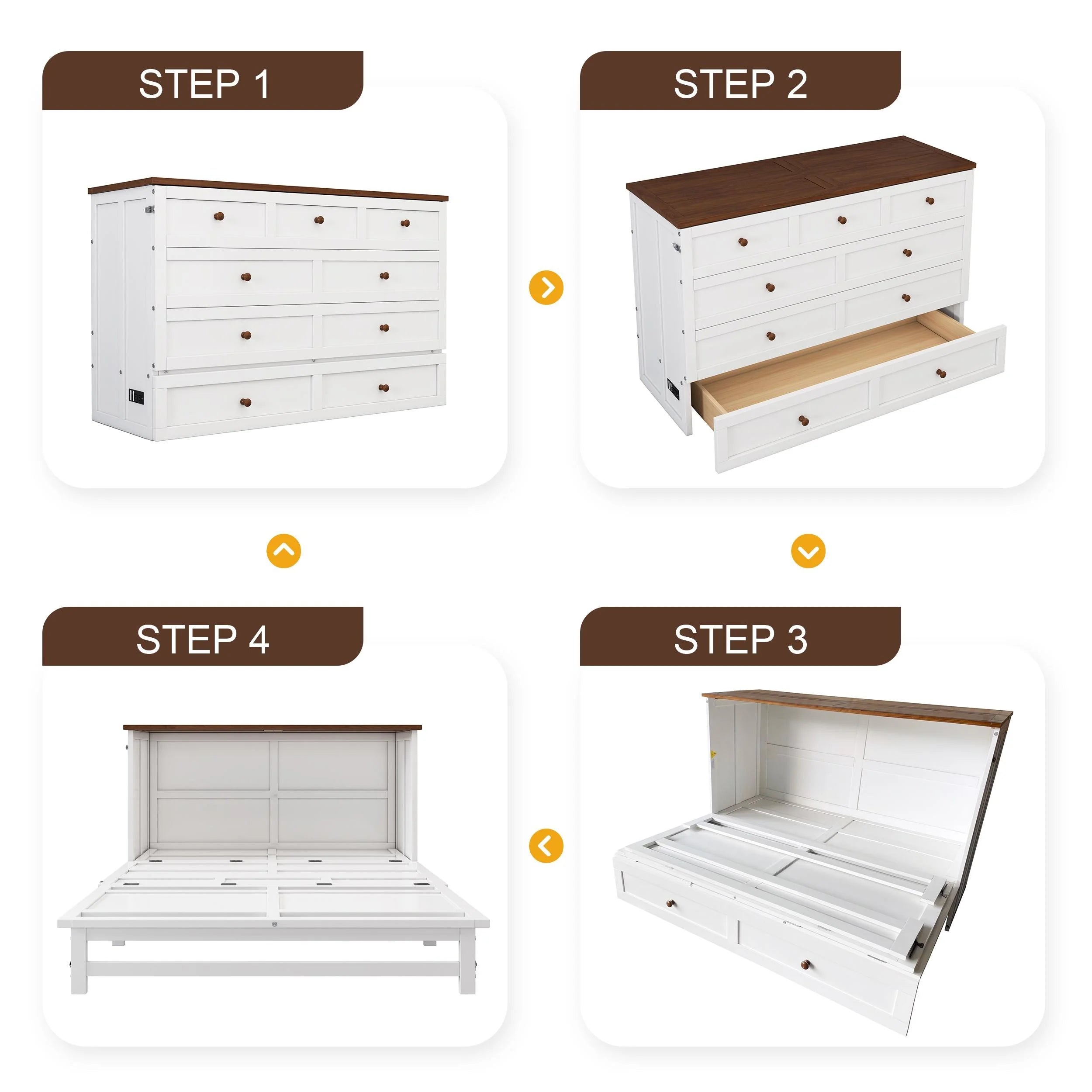 Bellemave Murphy Bed Queen with Storage Drawer, Solid Wood, Charging Station P8432