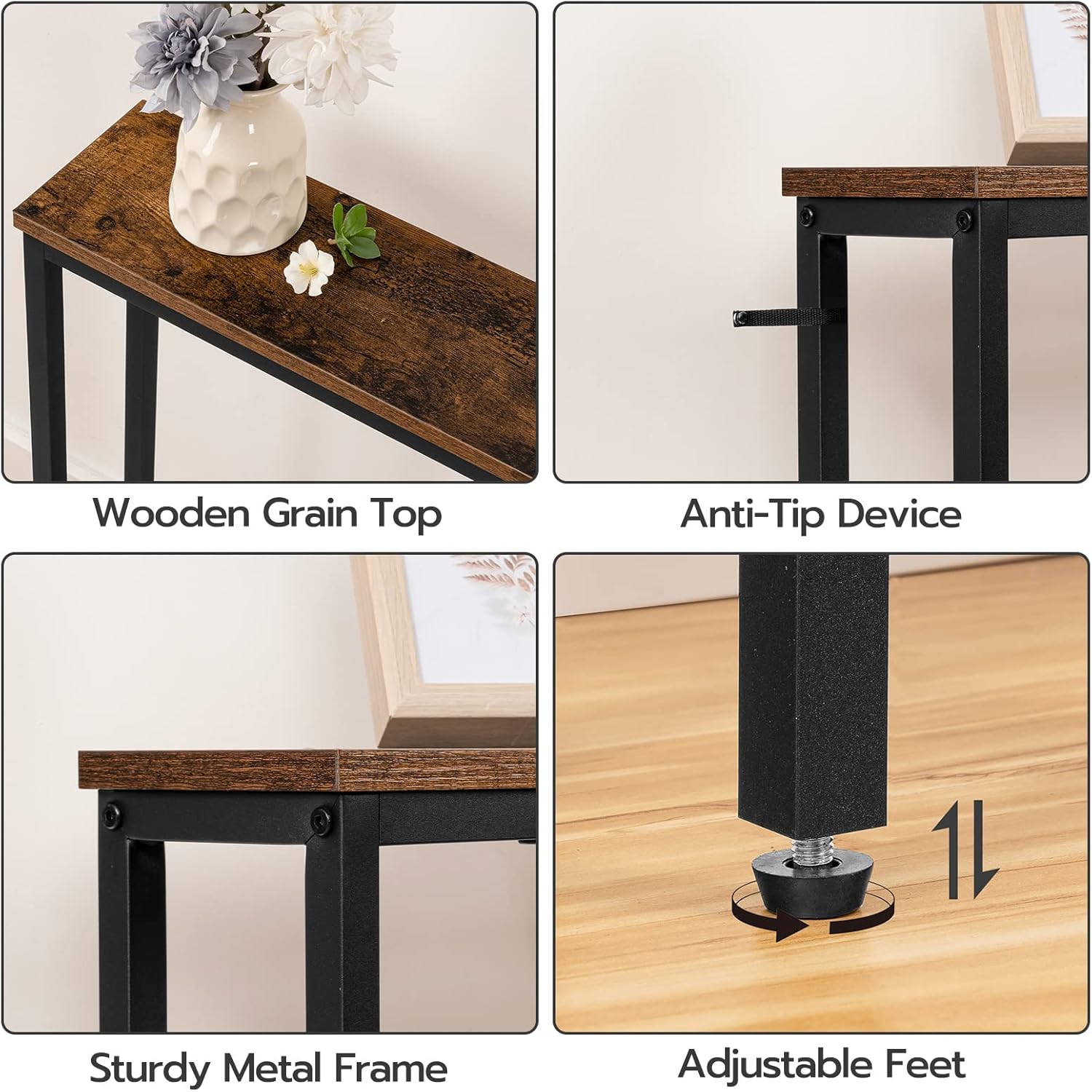 HOOBRO Narrow Console Table with 2 Fabric Drawers and Charging Station, Rustic Brown and Black H1095