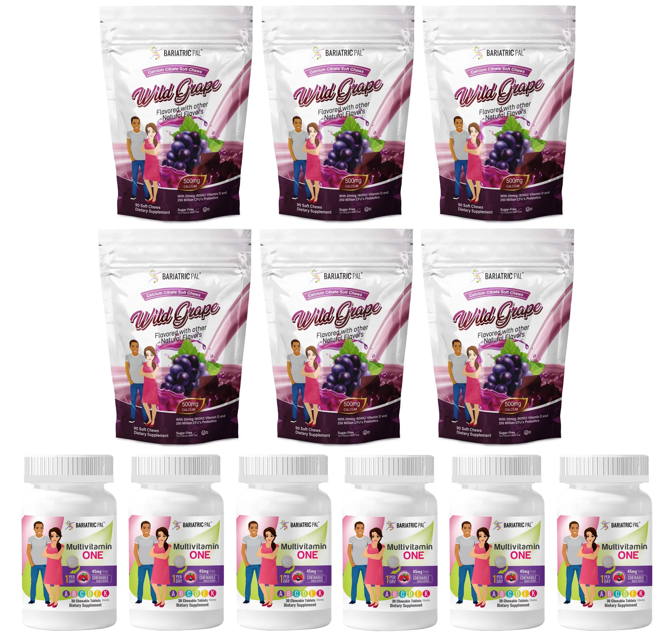 Gastric Sleeve Complete Vitamin Pack - Chewables Size: 6-Month Supply, BariatricPal Multivitamin ONE: Mixed Berry Chewable with 45mg Iron, BariatricPal Calcium Citrate Soft Chews: Wild Grape