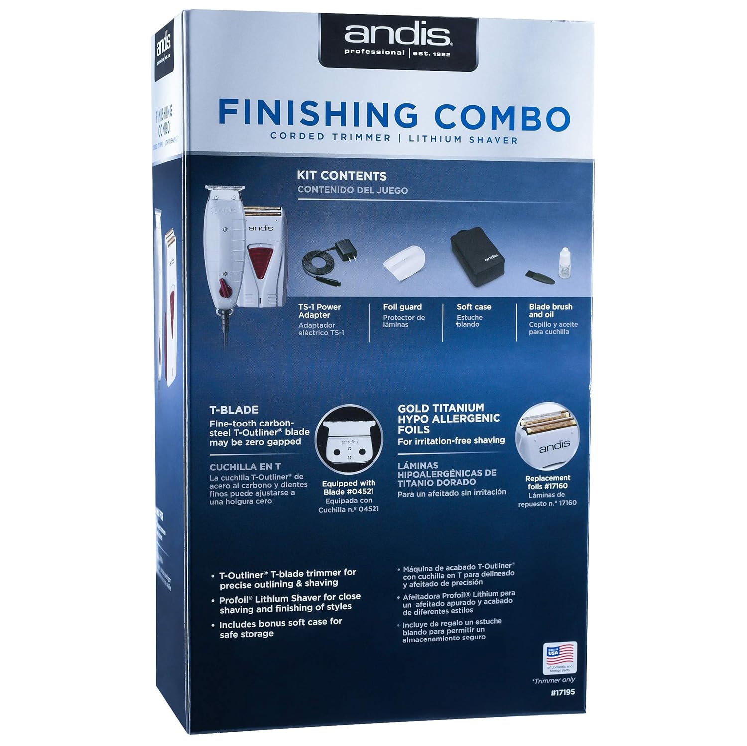 Andis Professional Finishing Combo T-Outliner Trimmer with T-Blade, Gray, Cordless Lithium Battery, Bundled with BeauWis Brush X141528