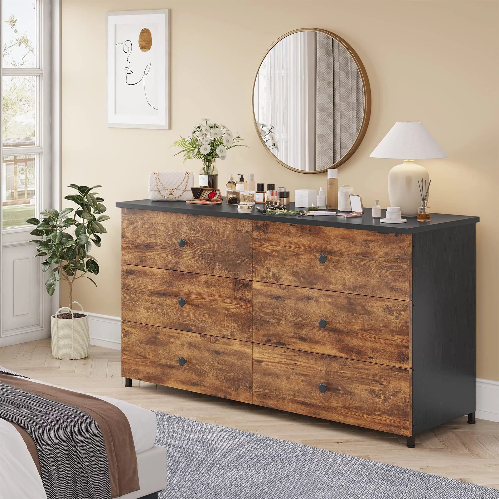 6 Drawer Double Dresser with Steel Frame, Wooden Storage Cabinet for Bedroom V120