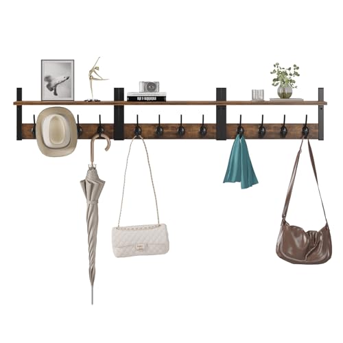 Wood Coat Rack with 16 Hooks, Wall Mounted, Rustic Brown A652