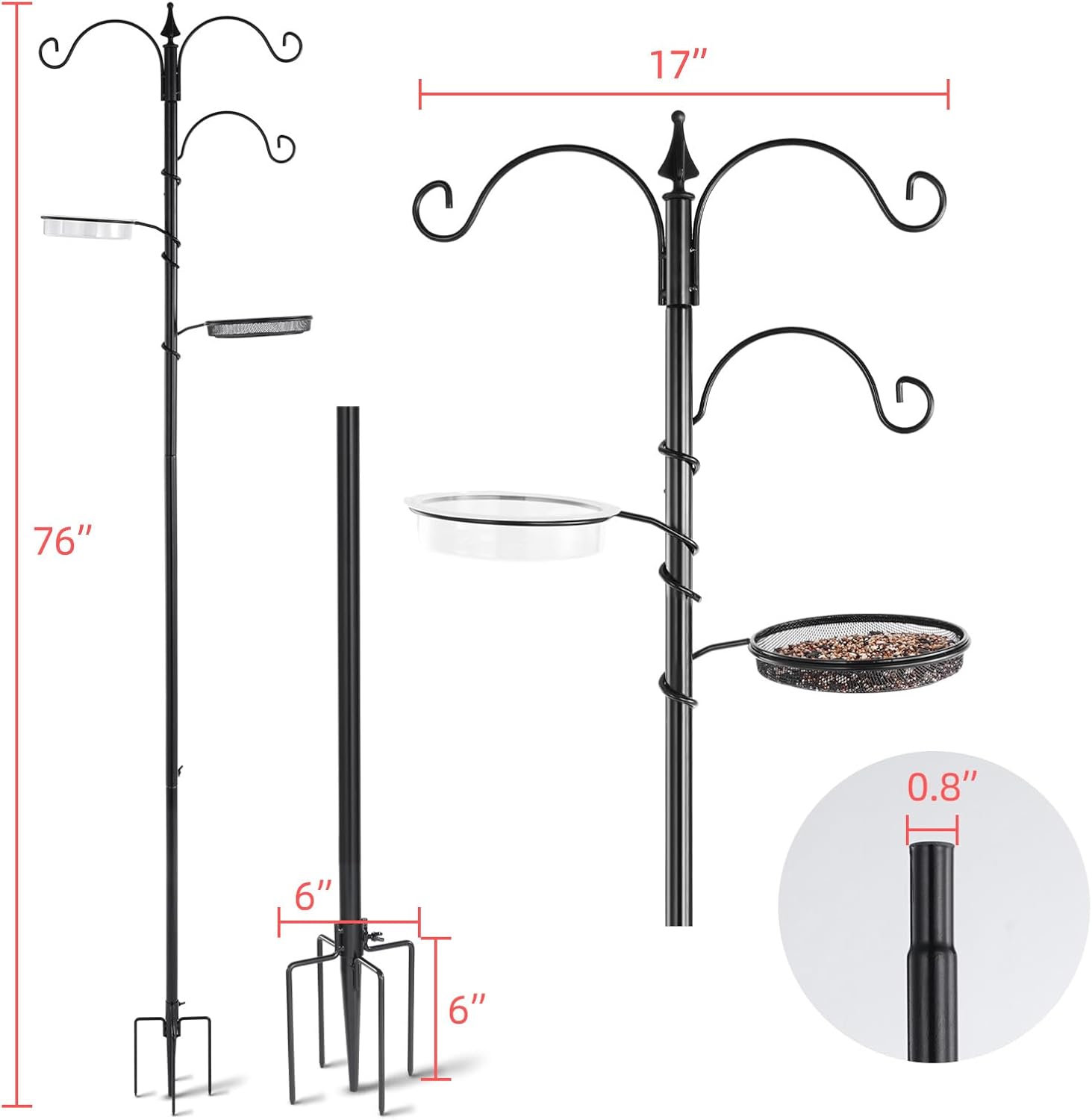 Bird Feeding Station Kit - 77" Pole with 5 Prong Base, Black O31780