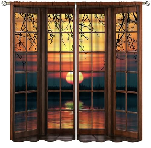 Iceberg Setting Sun Landscape Curtain,Park Snow Tranquil Lake Scenery Printed Rod Pocket Blackout Window Treatments for Bedroom Living Room Decor 42" W X 45" L