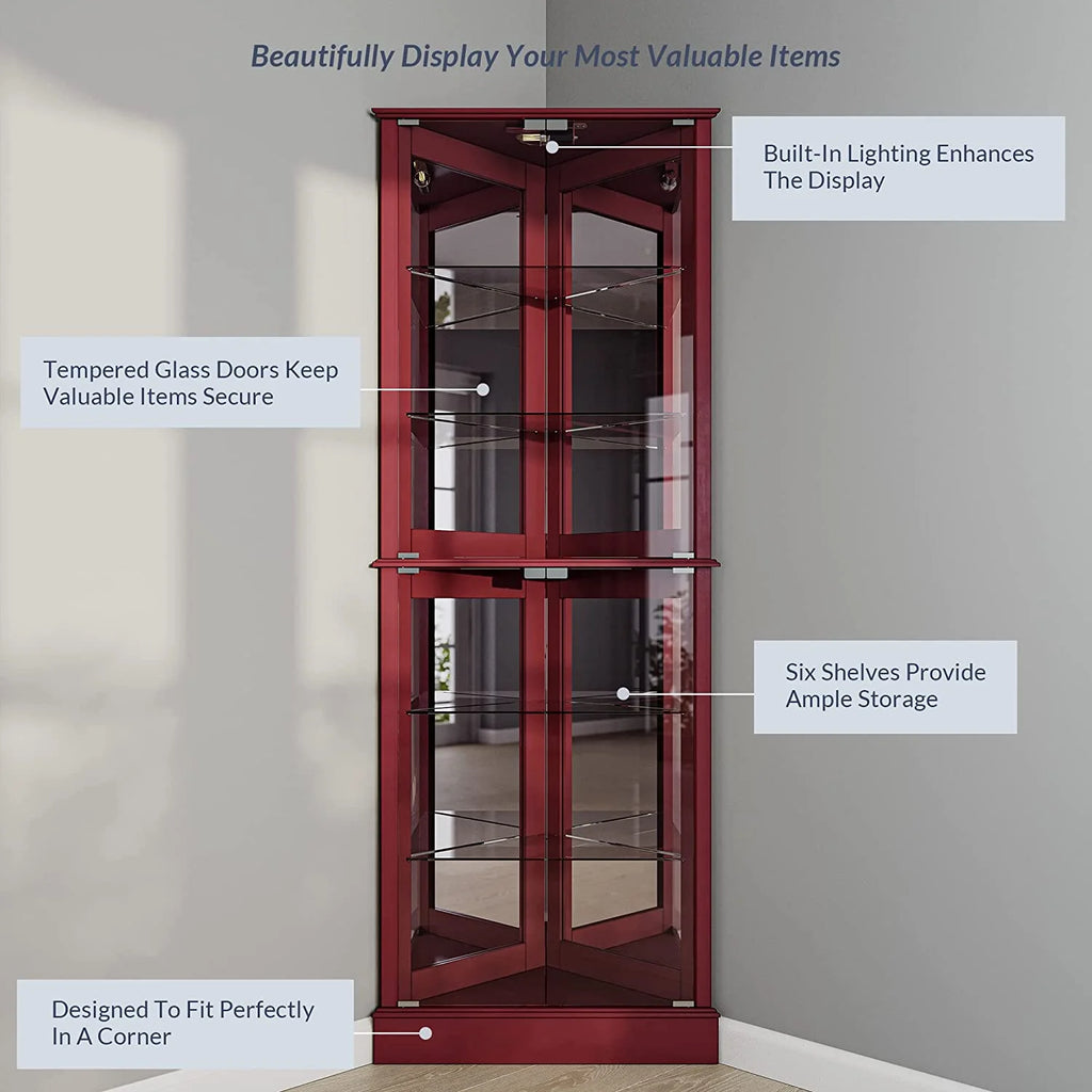 Wooden Corner Curio Cabinet with Tempered Glass Door and 6 Shelves - Cherry K141601
