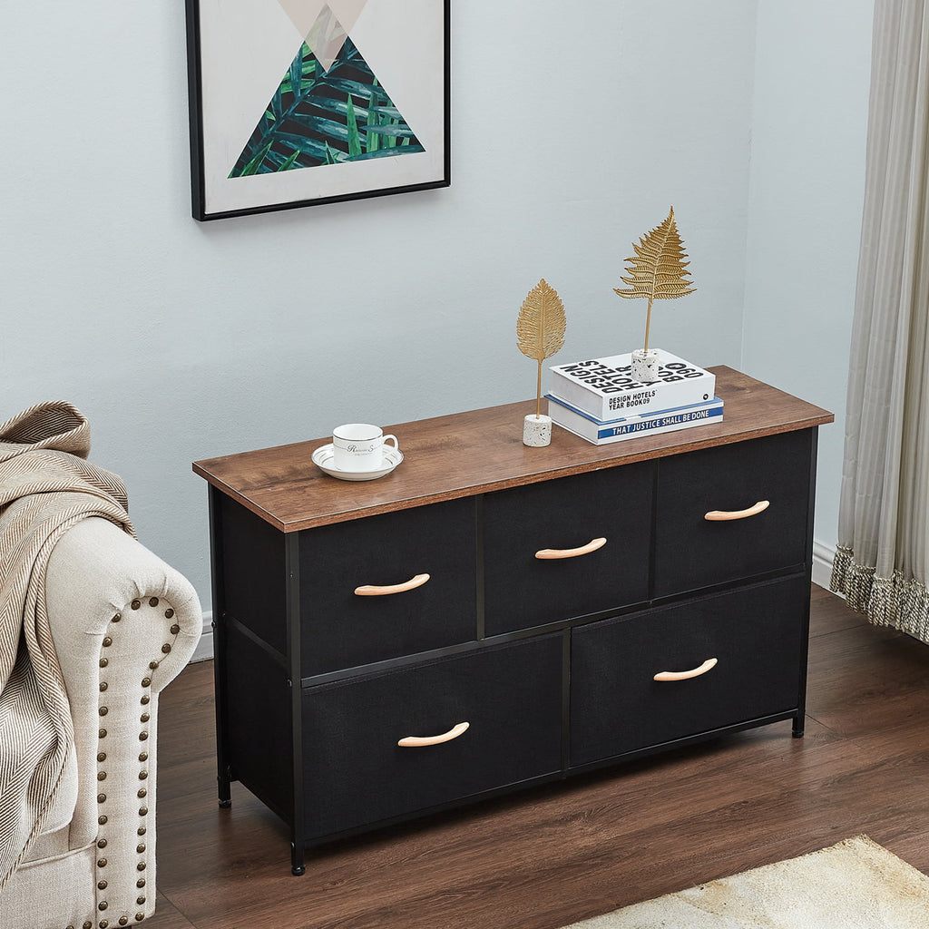 5 Drawer Dresser Storage Tower with Steel Frame Wood Top X639671
