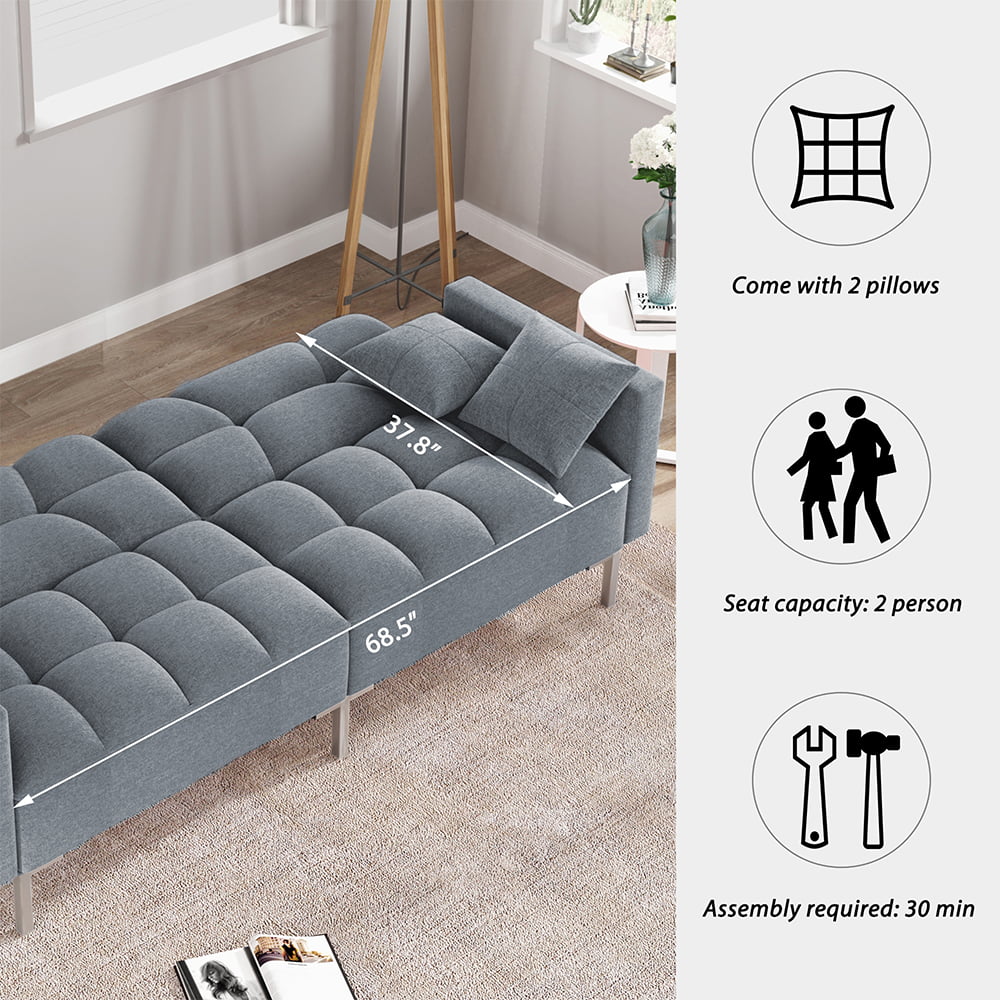 Gray Futon Sofa Bed with 2 Pillows and Metal Legs J375995