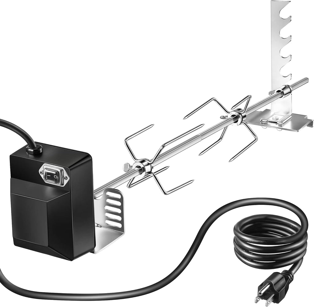 Dreyoo Universal Rotisserie Grill Kit, UL Certification Automatic Rotating BBQ Rotisserie with 120V 4W Motor, 28'' Spit Rod, 2 x 4 Forks, Complete Holders and Fixing Screw for Backyard Camping Grills