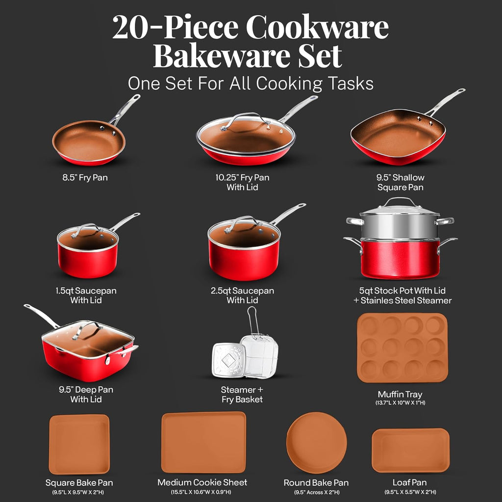 Gotham Steel 20 Pc Pots and Pans Set Nonstick Cookware with Lids, Red E4197