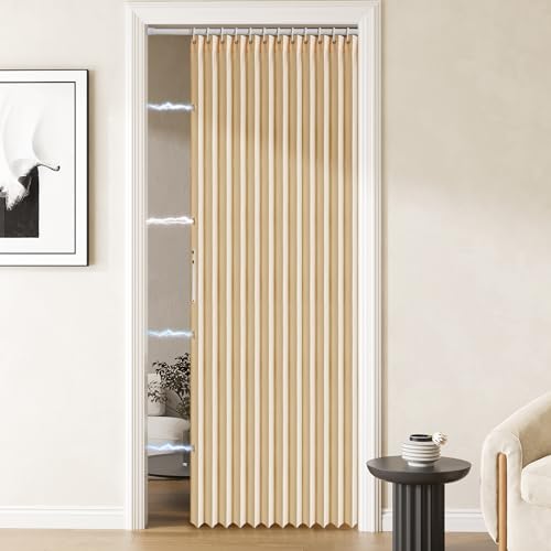 Magnetic Door Curtain Pleated Door Curtain Folding Door Curtains Accordion Door Closet Door Curtain Invisible Applicable Bedroom Room Living Room Doorway(Brown,42" W x 78" L)+Rod