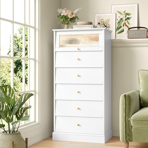 finetones 6 Drawer Dresser Black with Gold Accents and Glass Drawers J156