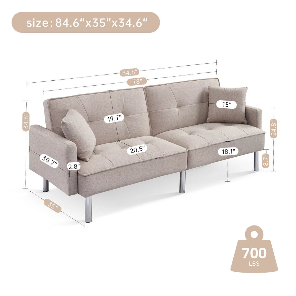 Moootto 84.6 in. Extra Long Tufted Beige Fabric Futon Sofa Bed P625