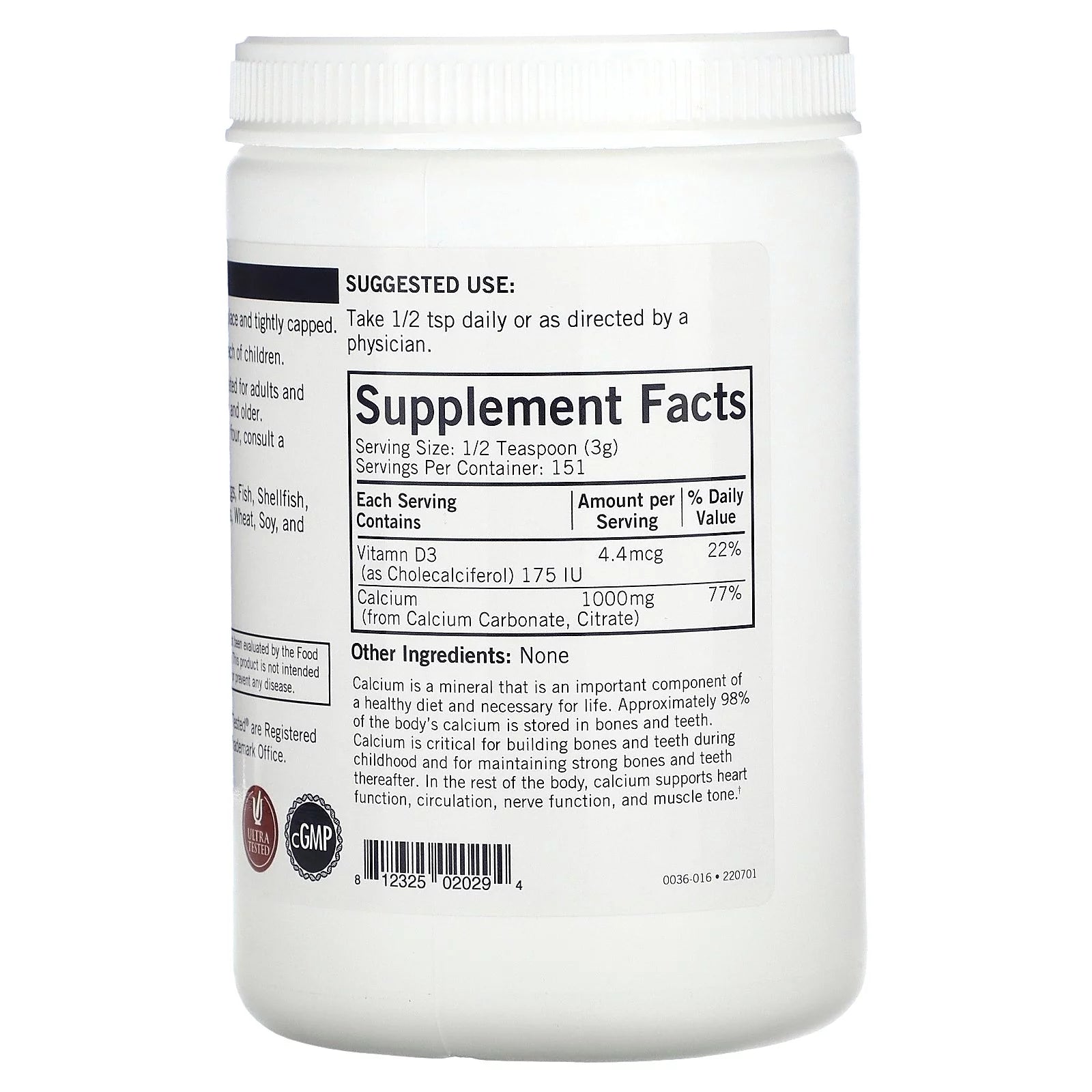 Kirkman Labs Calcium Powder Plus Vitamin D-3, Unflavored, 16 oz V13742