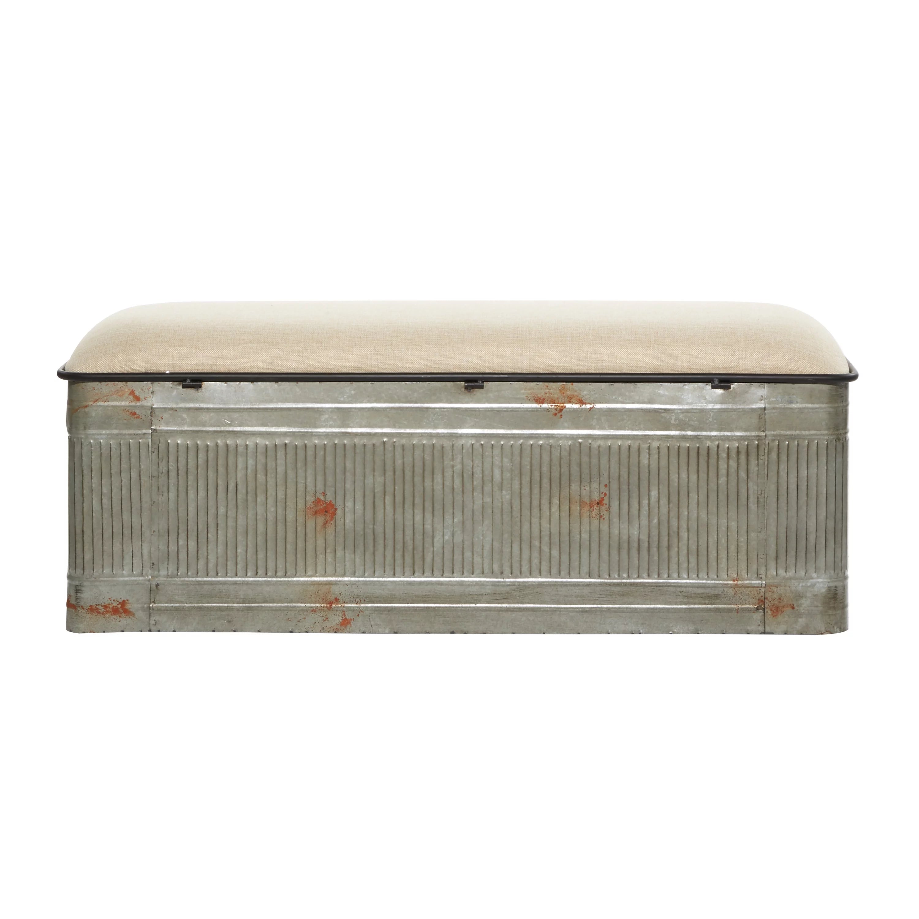 DecMode Metal Galvanized Storage Bench with Cream Burlap Top K1740