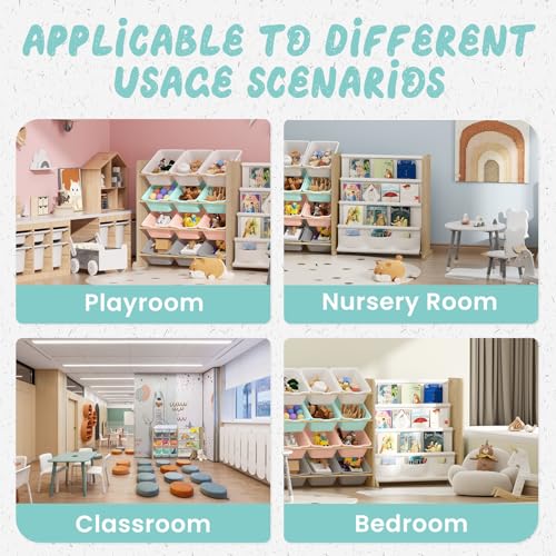 Kids Toy Storage Organizer with 12 Bins and Bookshelf, Burlywood Y913658