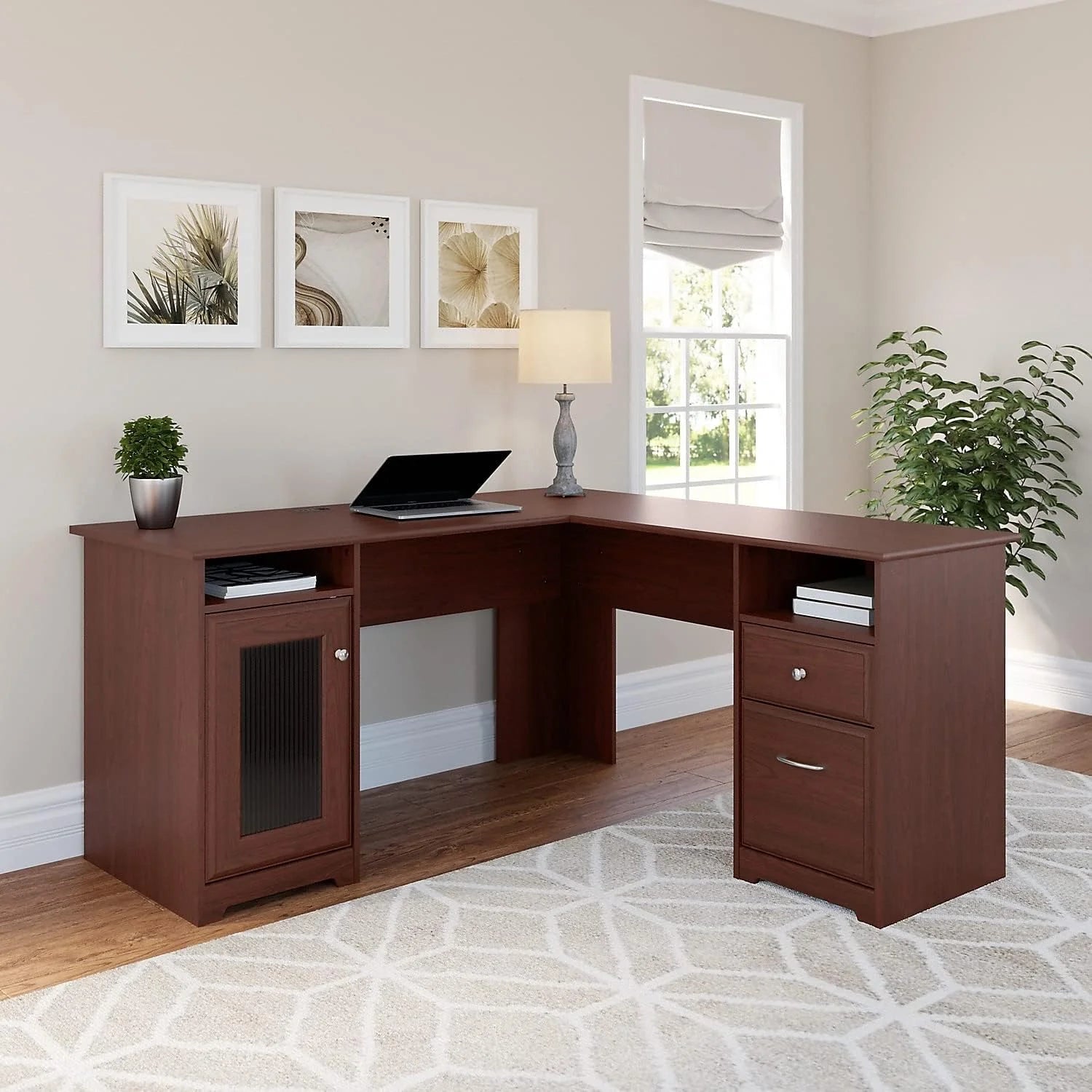 Cabot L Shaped Computer Desk with Drawers, Harvest Cherry K688