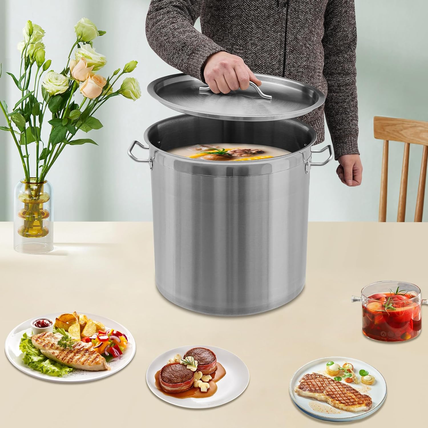 36 QT Stainless Steel Stock Pot with Handle for Seafood Boil D8746