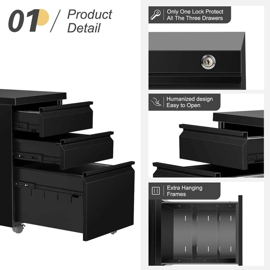 3 Drawer Metal File Cabinet with Lock Black F268