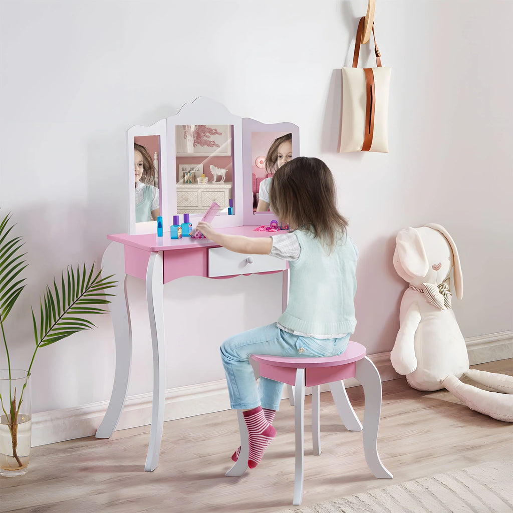 iRerts Kids Vanity Set with Mirror Princess Makeup Dressing Table, Pink O494