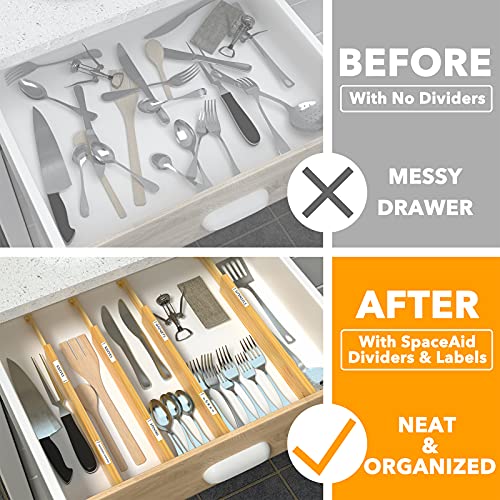 SpaceAid Bamboo Drawer Dividers with Labels, Adjustable Organizer, 6 Pack (17-22 in) R959