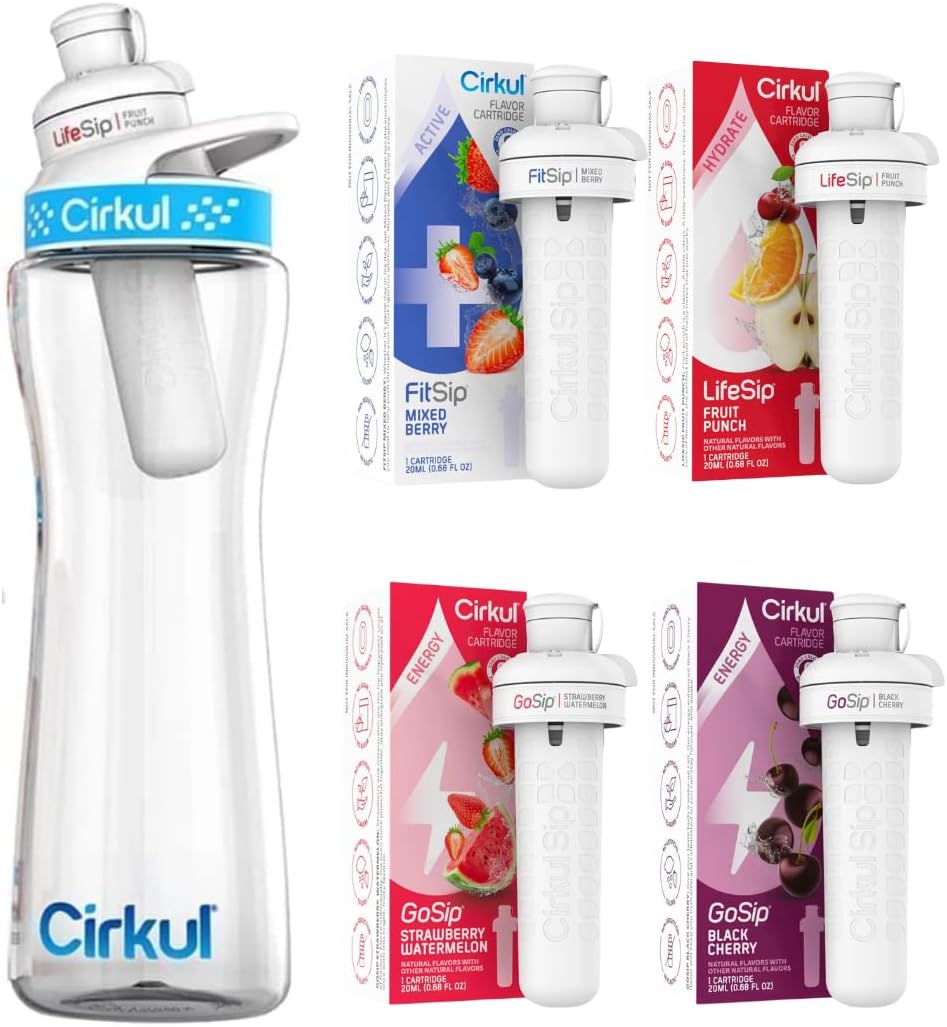 Cirkull 22 oz Plastic Water Bottle Starter Kit - with Blue Lid With 1 Fruit Punch & 1 Mixed Berry Cartridge + 2 Bonus Assorted Flavors - Great for staying hydrated!