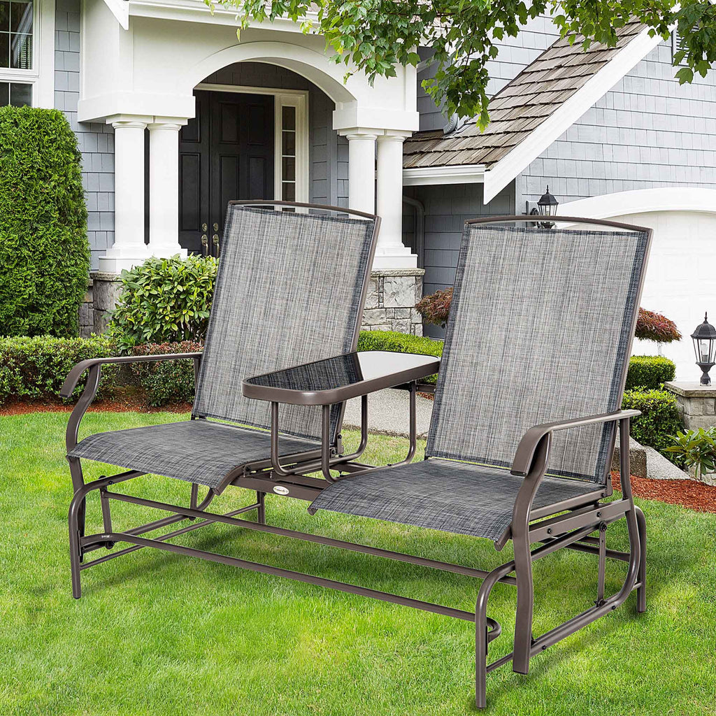 Outsunny Outdoor Glider Bench with Center Table, Metal Frame Patio Loveseat, Gray W632