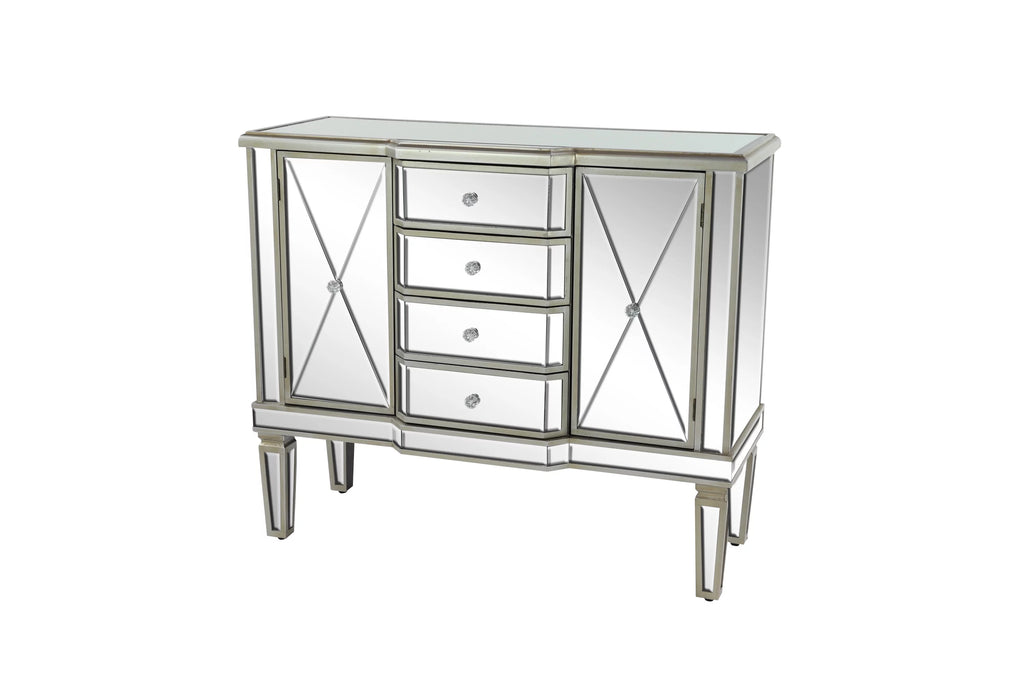 DecMode 39" x 34" Silver Wood Mirrored Panel 4 Drawers 2 Shelves and 2 Doors Buffet with Acrylic Knob Handles, 1-Piece