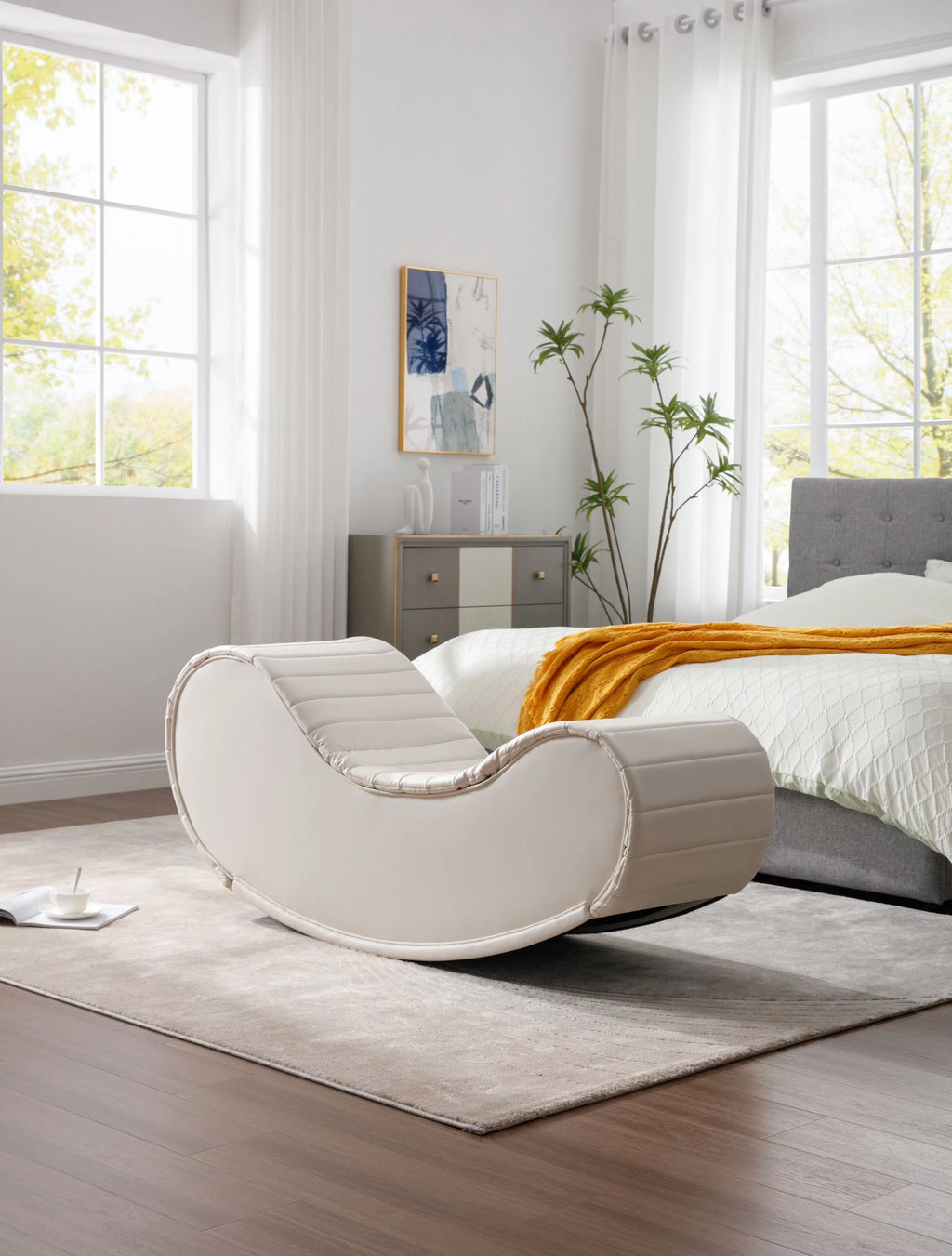 CoSoTower Rocking Leisure Bench Faux Leather Curved Sofa, White & Black T44031