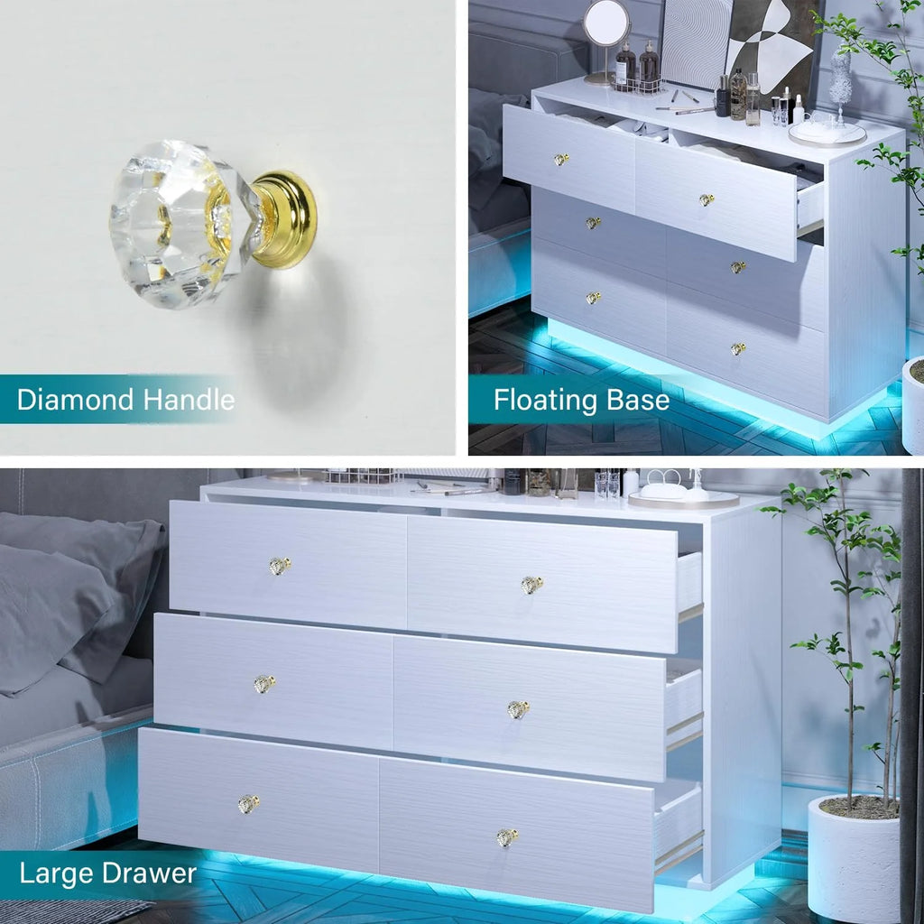 4 EVER WINNER Dresser with LED Light, White 6 Drawers for Bedroom V851432