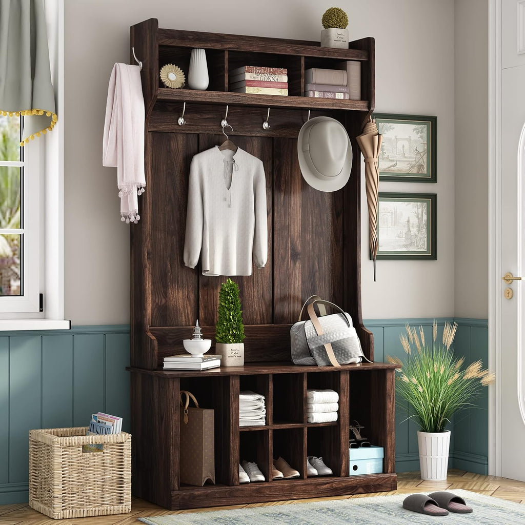 Hall Tree with 6 Hooks and Storage Bench, 39.4INCH, Tiger S75288
