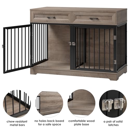 Wooden Dog Crate Furniture 47" with Removable Divider, Double Doors, White I17819