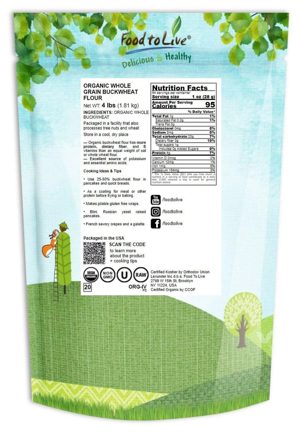 Organic Whole Grain Buckwheat Flour, 4 Pounds — Non-GMO, Kosher, Vegan by Food to Live U5485
