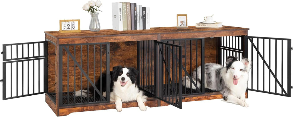 76.4" Wood Dog Crate Furniture with Divider for 2 Dogs, Brown K452