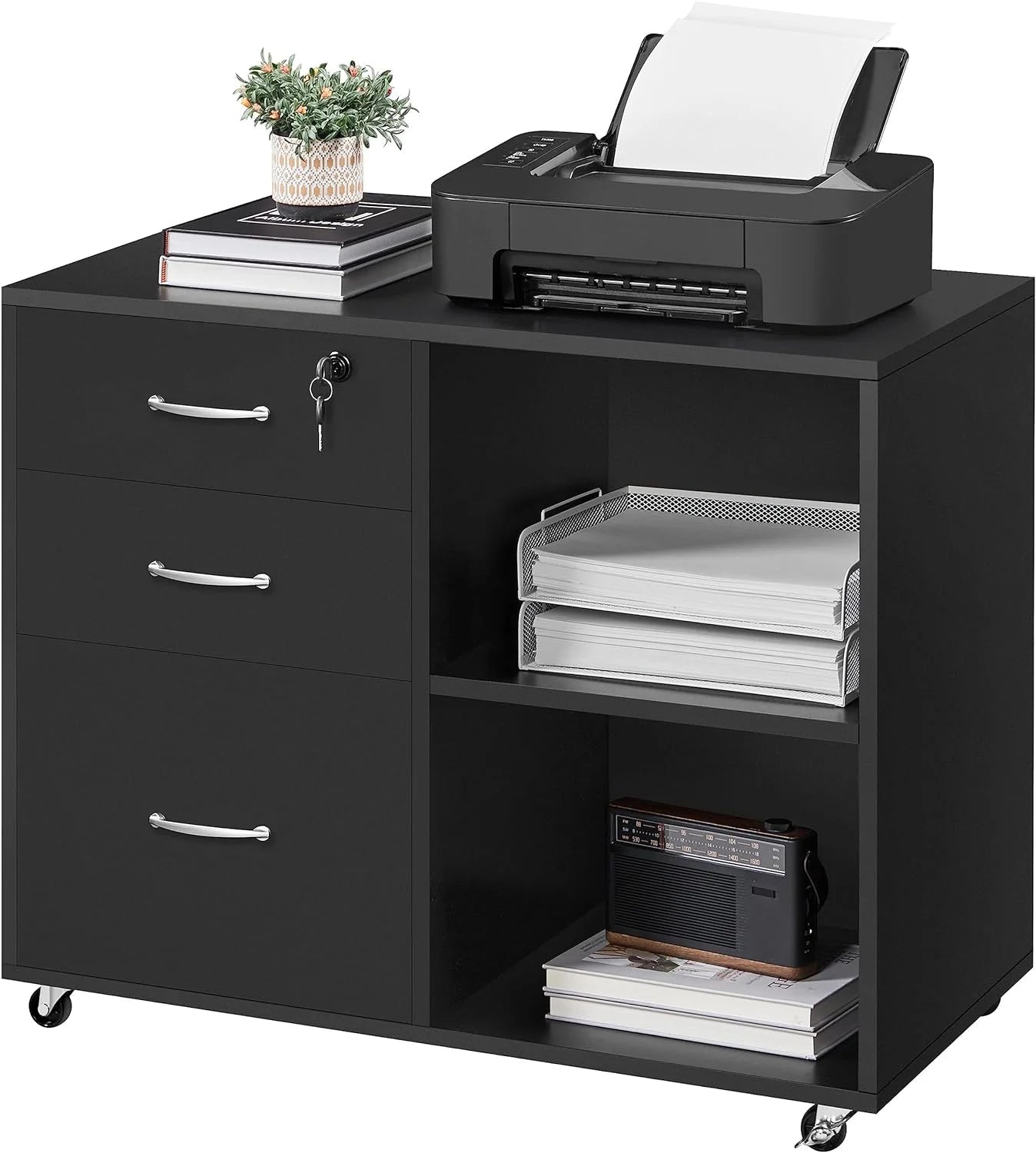 Black File Cabinet with Lock for Letter, A4 Size,3 Drawer Lateral Filing Cabinet Printer Stand with Open Storage Compartments,Mobile Filing Cabinet for Home Office, Black