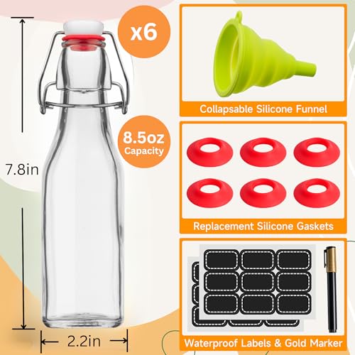 WILLDAN 8.5oz Swing Top Glass Bottles with Airtight Caps, Bonus Gaskets and Funnel F780