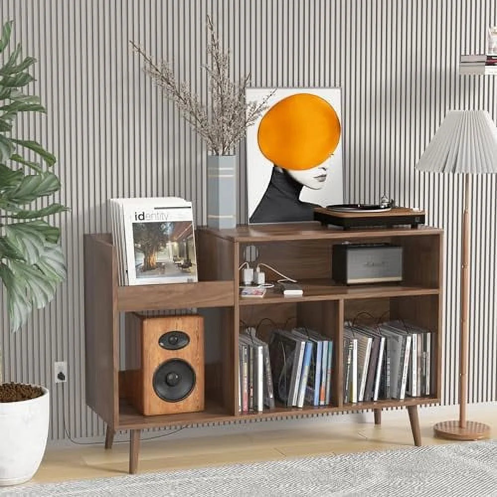TJBOLIFE Mid-Century Record Player Stand with Vinyl Cabinet and Power Outlet H348