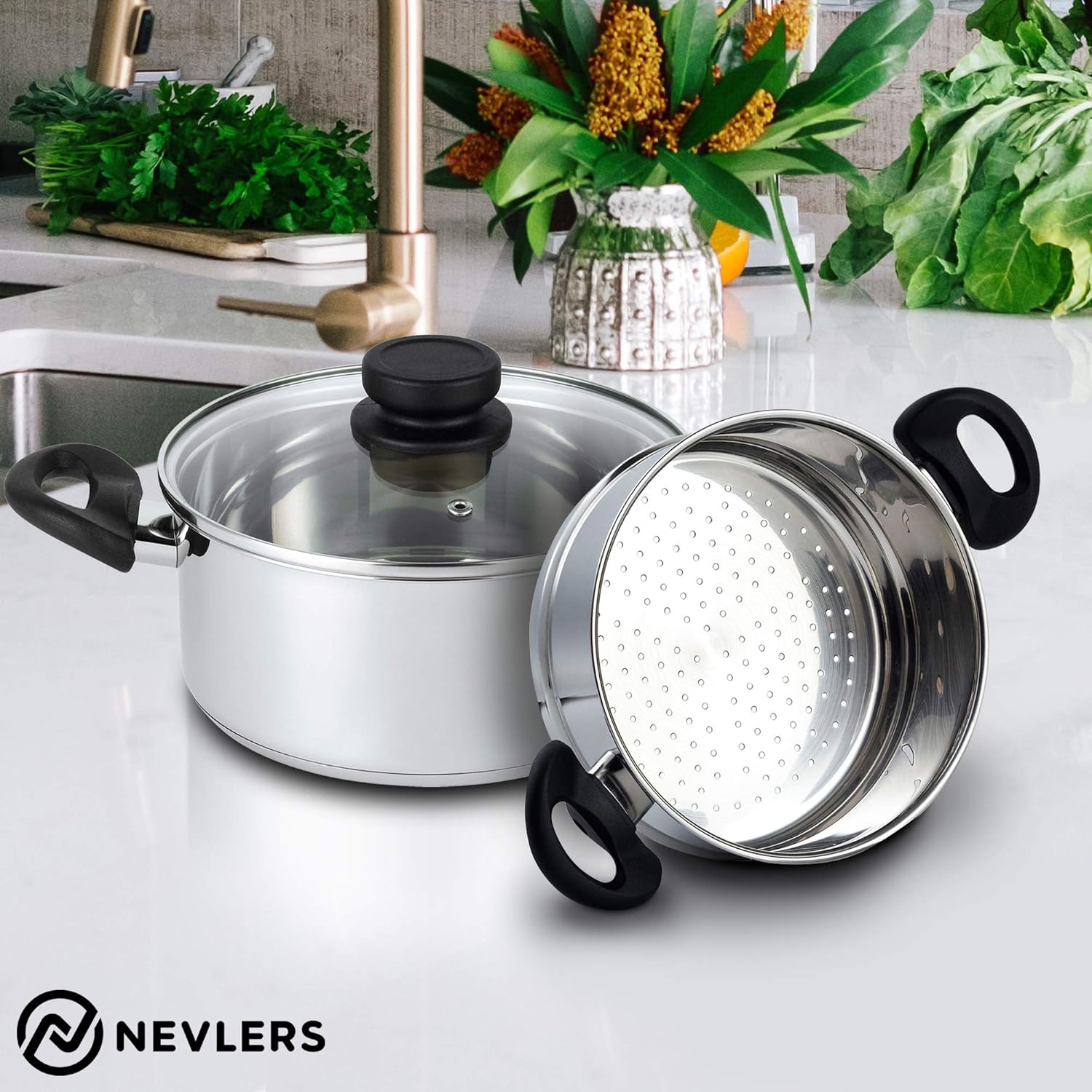 Nevlers Stainless Steel 3 Quart Steamer Pot with 2 Quart Insert and Vented Lid C57616