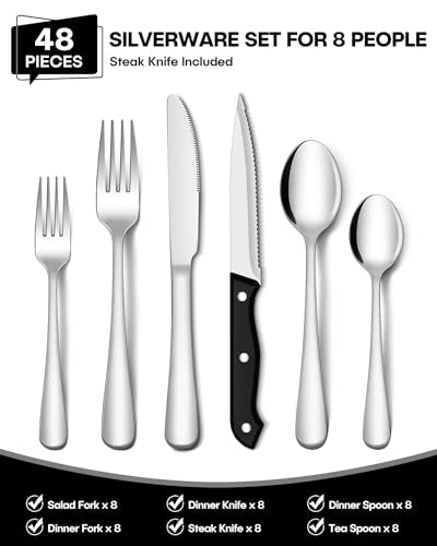 EUIRIO 48-Piece Hammered Silverware Set with Steak Knives for 8, Stainless Steel, Dishwasher Safe X870
