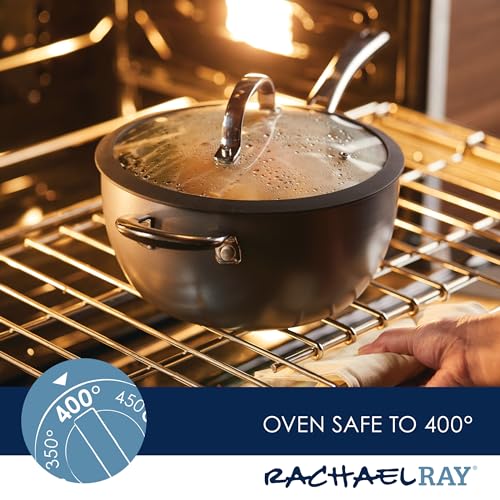 Rachael Ray Cook + Create Hard Anodized Nonstick Saucier Pan with Lid, 4.5 Quart, Black J558