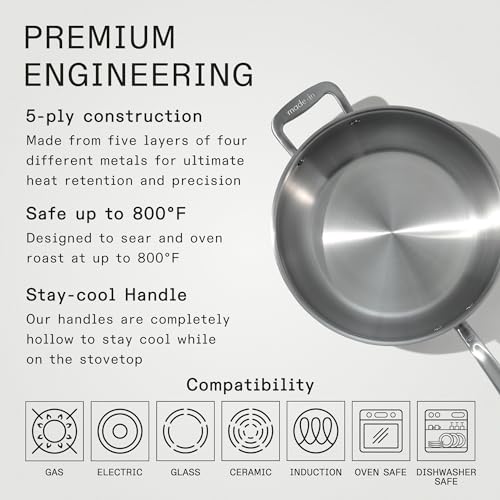 Made In Cookware 2 Quart Stainless Steel Saucier Pan, 5 Ply, Induction Compatible M18670