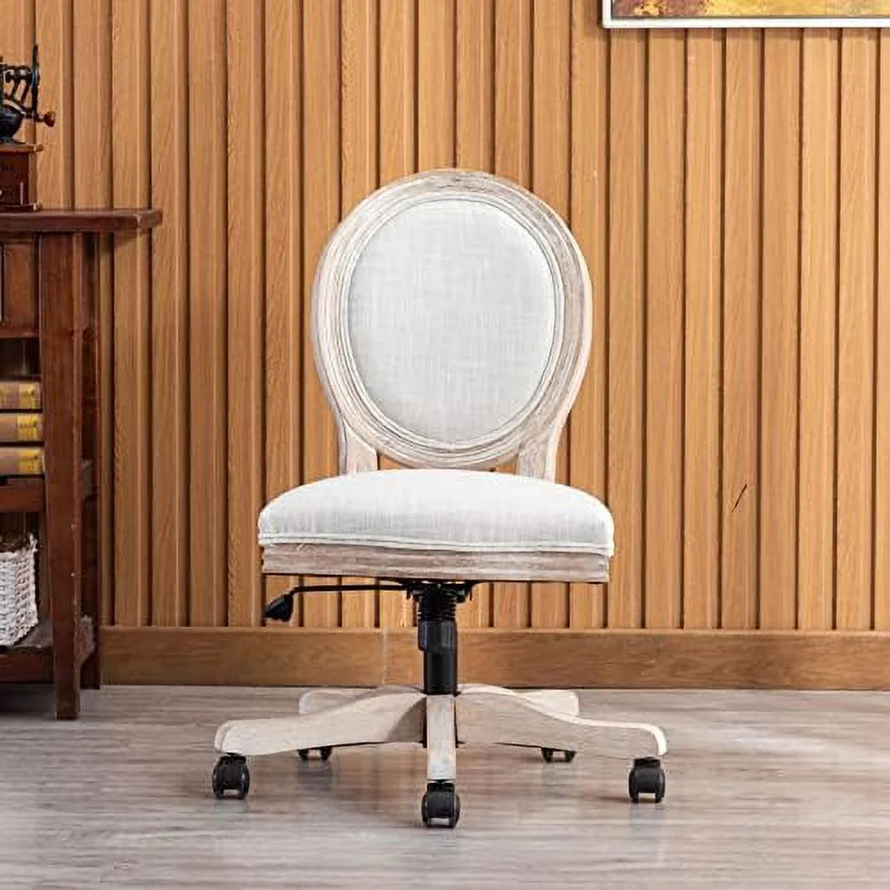 Rattan Back Linen Office Chair Adjustable Height Swivel Task Chair Beige P495325