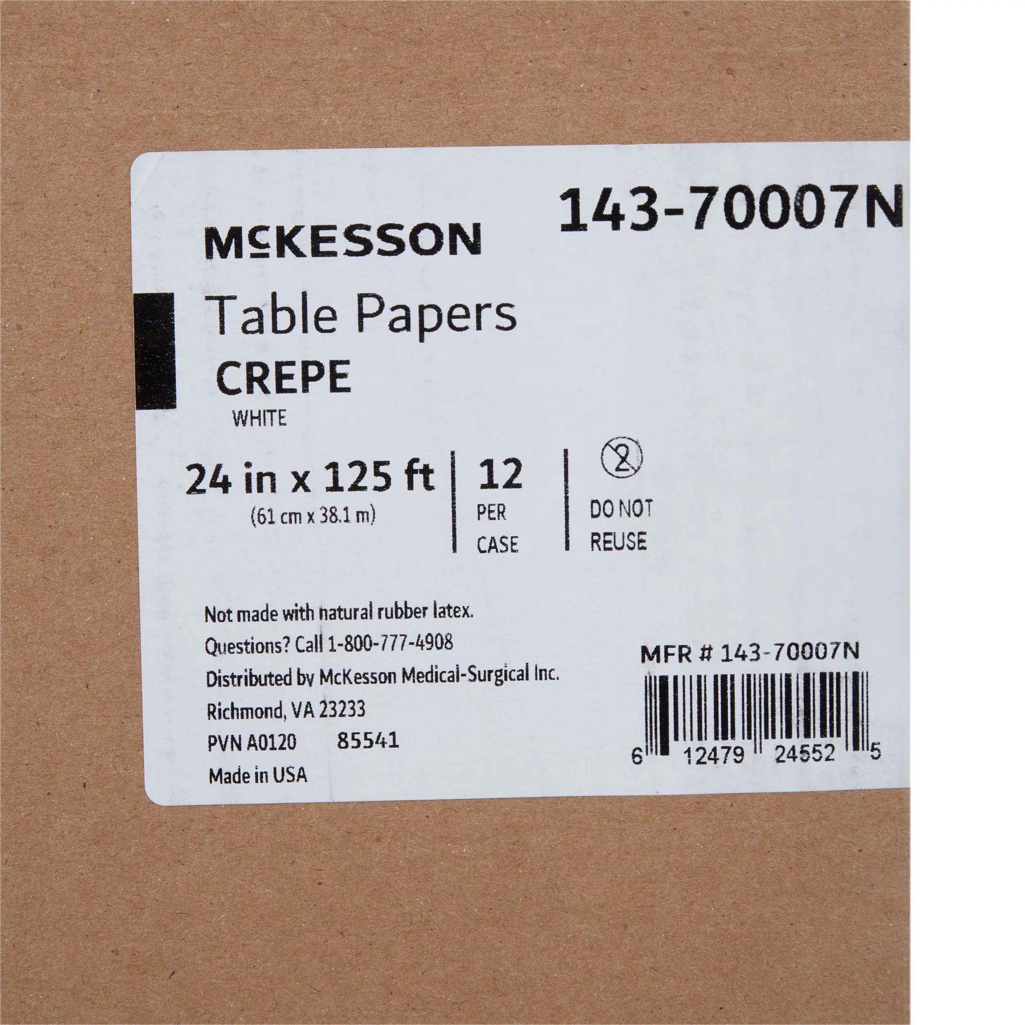 McKesson Table Paper White Crepe 24" x 125' 12 Rolls E7428
