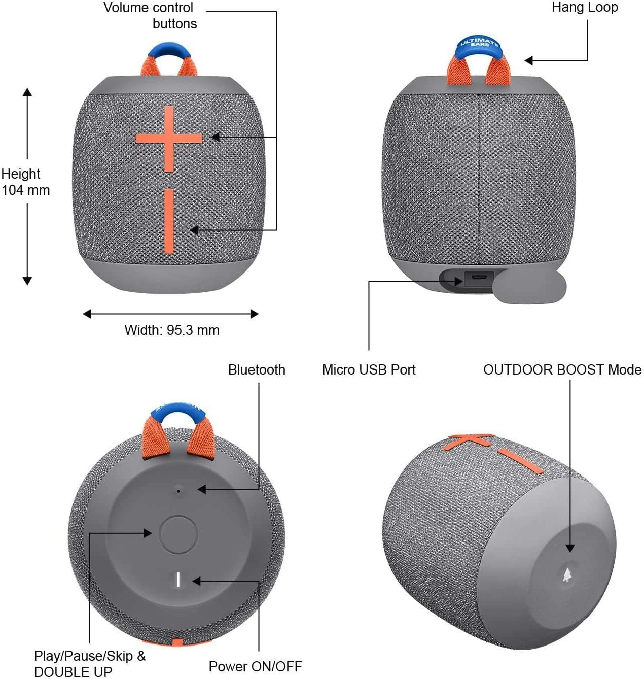Logitech WONDERBOOM 2 Portable Waterproof Bluetooth Speaker, Crushed Ice Grey S3014