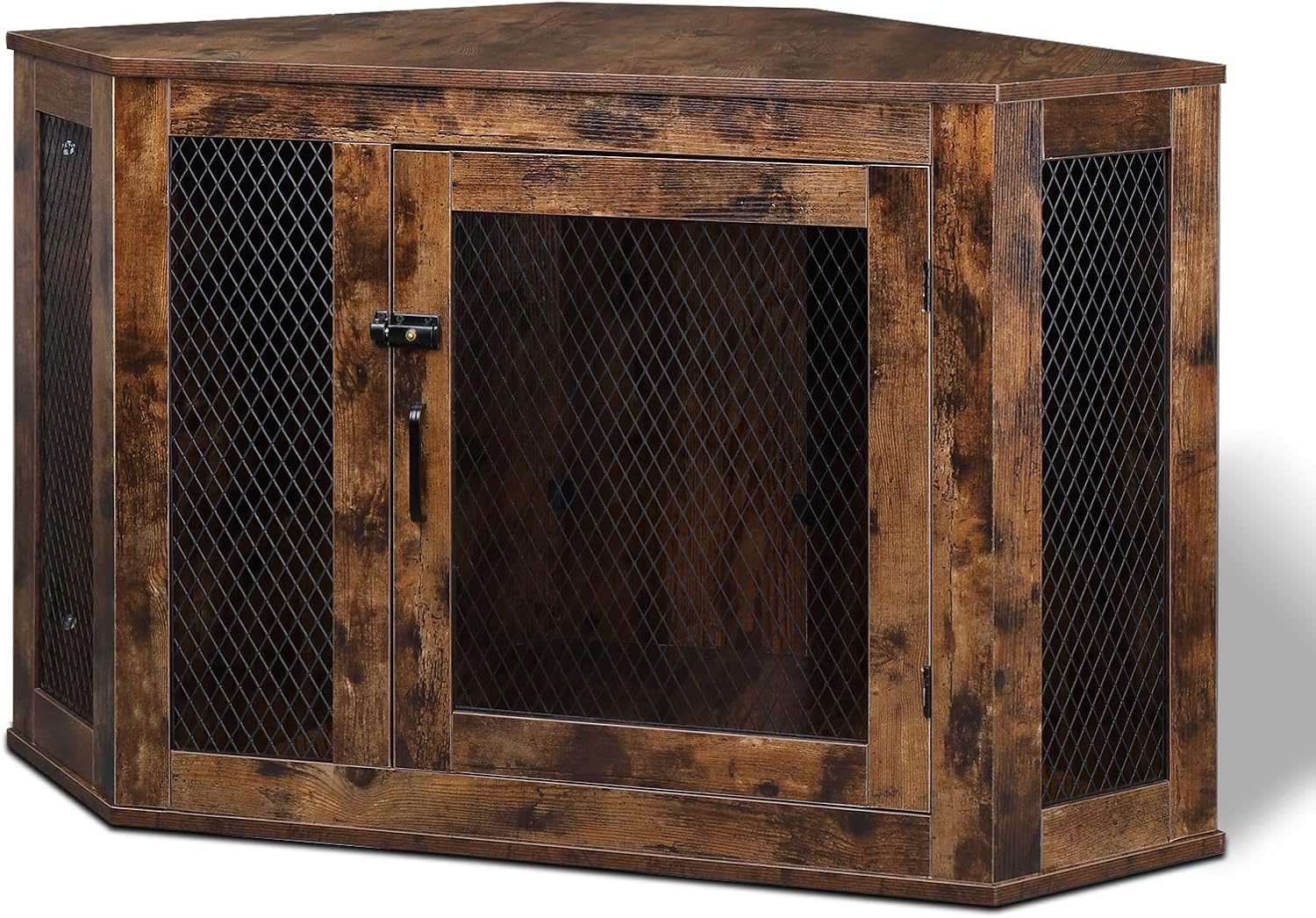 Furniture Corner Dog Crate with Lockable Doors, Wood and Mesh, Rustic Brown S7097