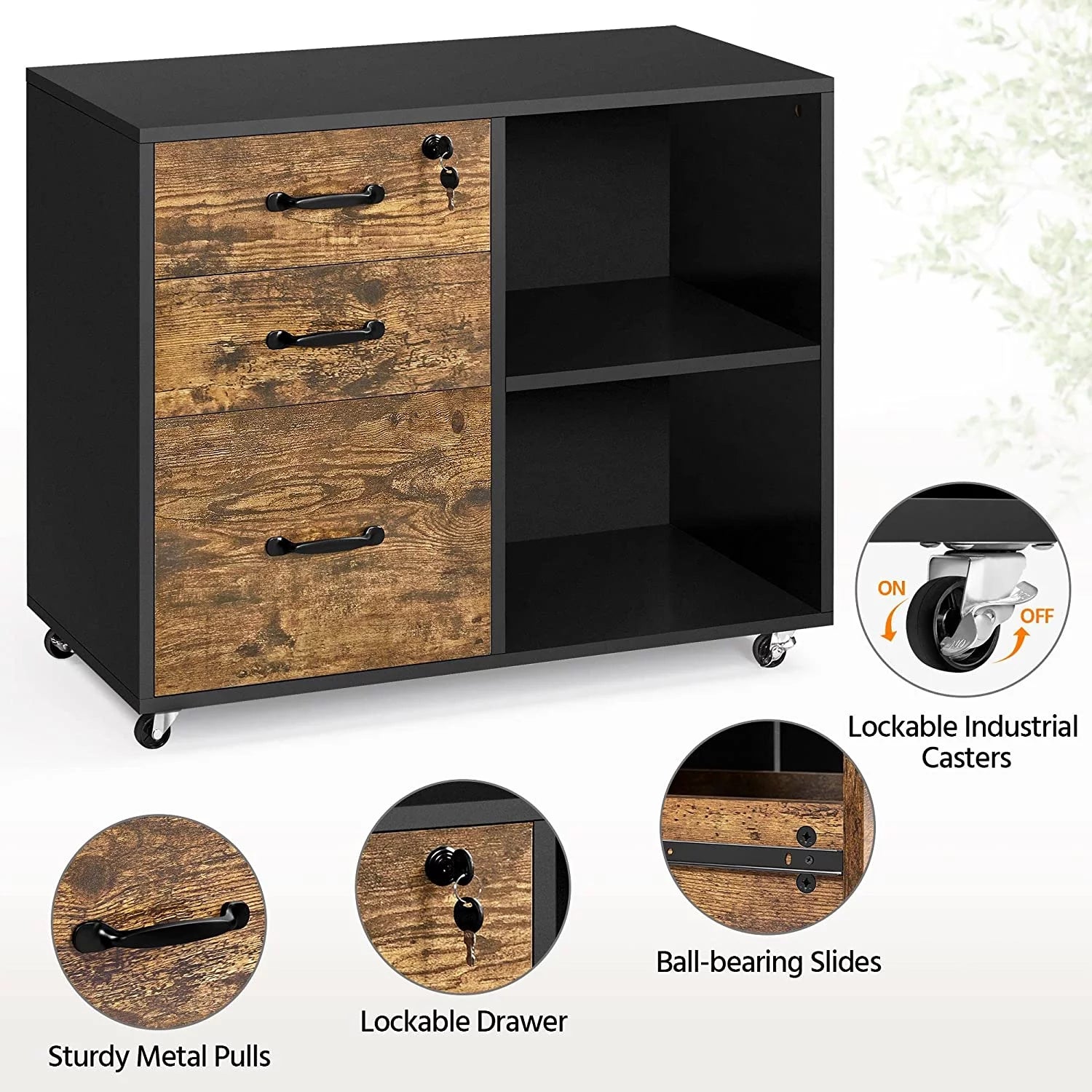 Black File Cabinet with Lock, 3 Drawer Lateral for Home Office O4008
