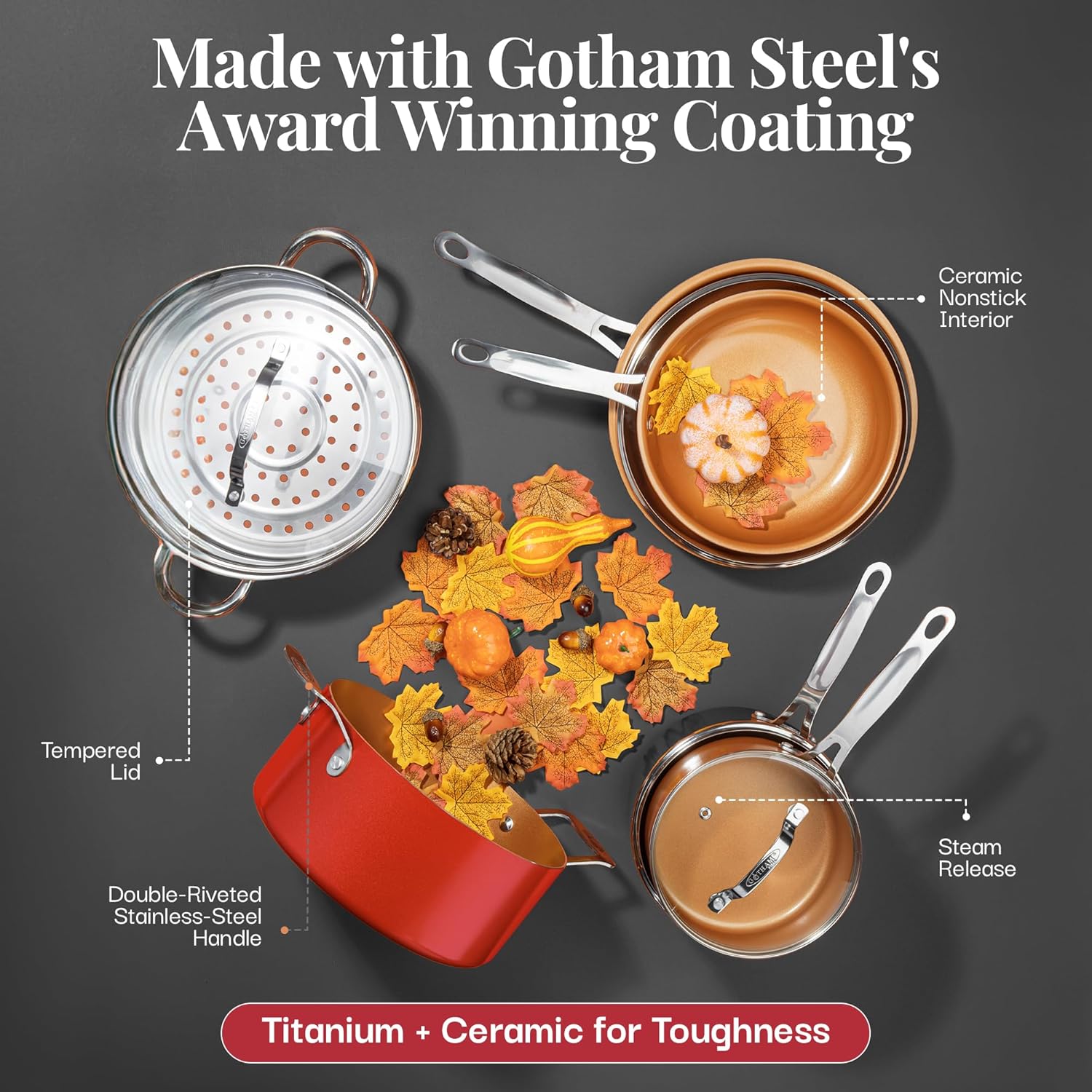 Gotham Steel 20 Pc Pots and Pans Set Nonstick Cookware with Lids, Red E4197