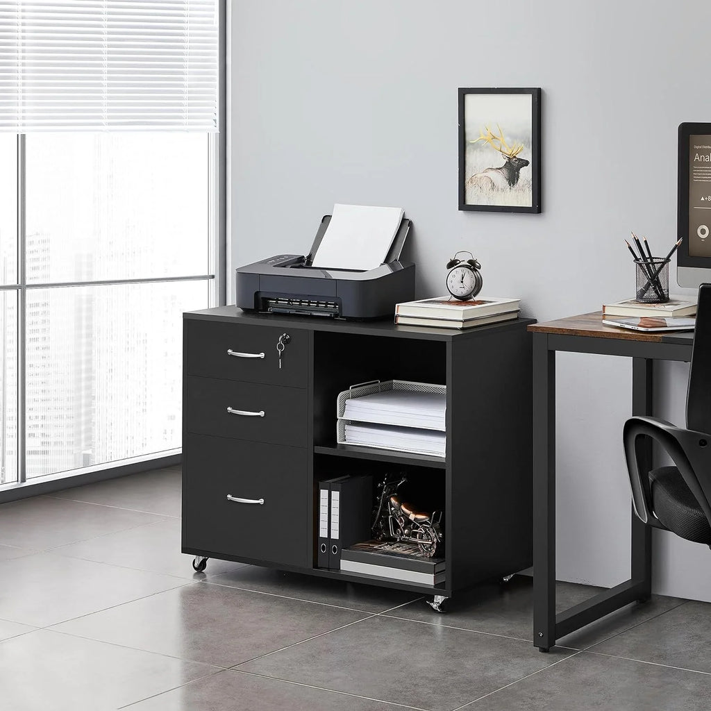 Black File Cabinet with Lock, 3 Drawer Lateral for Home Office O4008