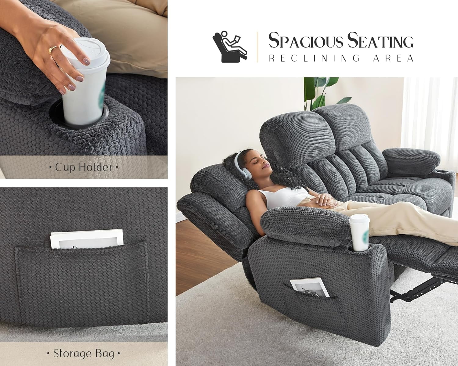 AMERLIFE Recliner Couch 3 Seater Sofa with Cup Holders, Grey D17178