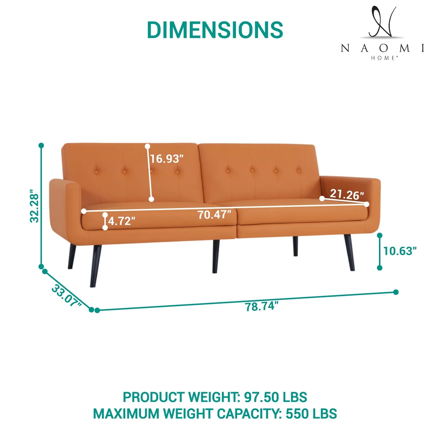 Naomi Home Monica Mid Century Futon Sofa Bed Caramel Air Leather C853