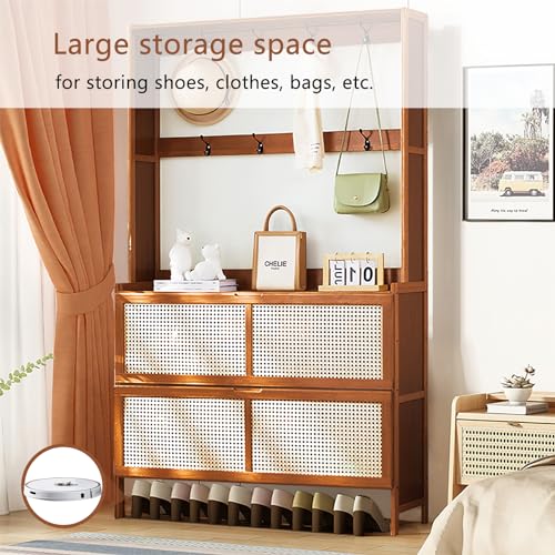 Bamboo Hall Tree with Shoe Storage, 14 Cubbies & 8 Coat Hooks, Rustic Brown W479